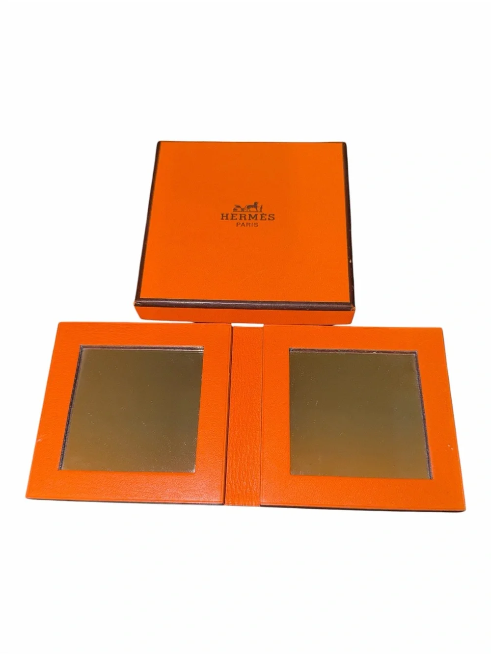 Hermès 2001 Ginza Lim. Edit. Orange Leather Folding Double Pocket Mirror w/Box